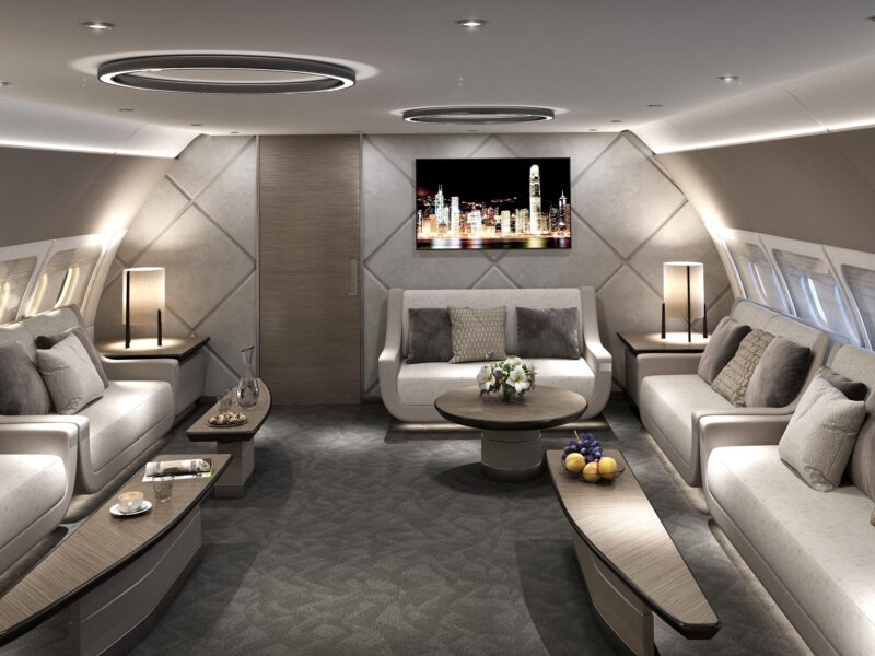 VIP Majlis seating area in A330 aircraft with traditional Arabic design elements and luxurious upholstery