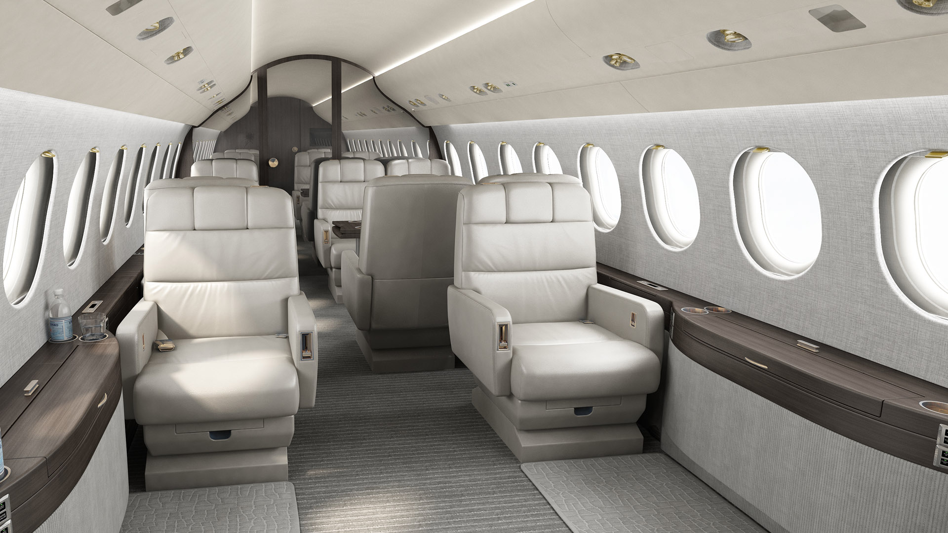 Photorealistic rendering of Dassault Falcon 2000 private jet cabin interior with luxurious seating and ambient lighting.