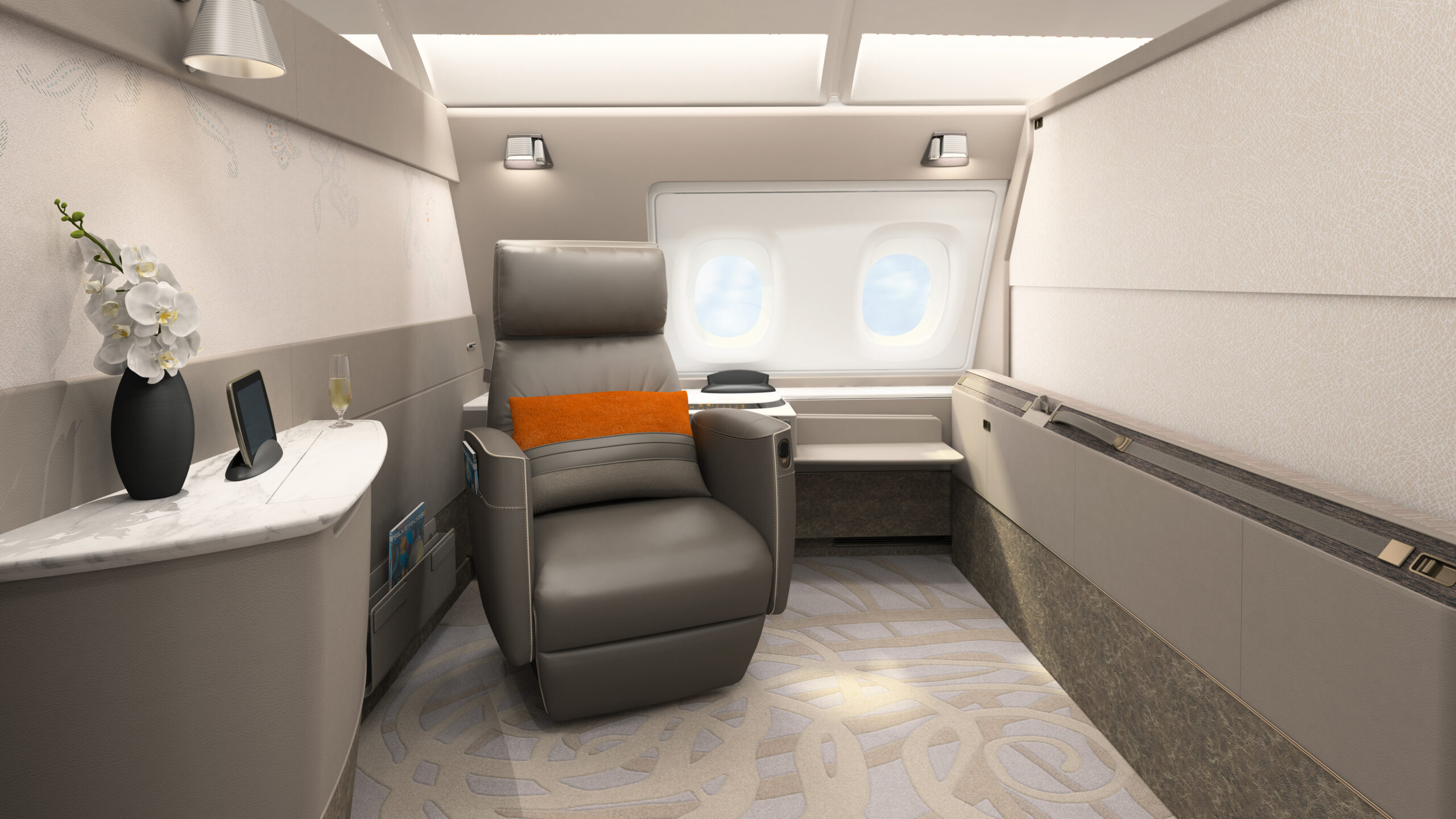 A380-SIA-FC-luxurious airplane interior with recliner