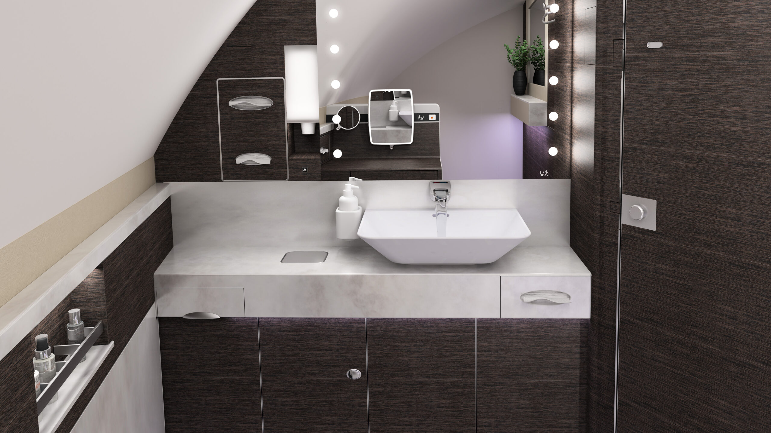 A380-SIA-FC-Modern bathroom with sleek design.