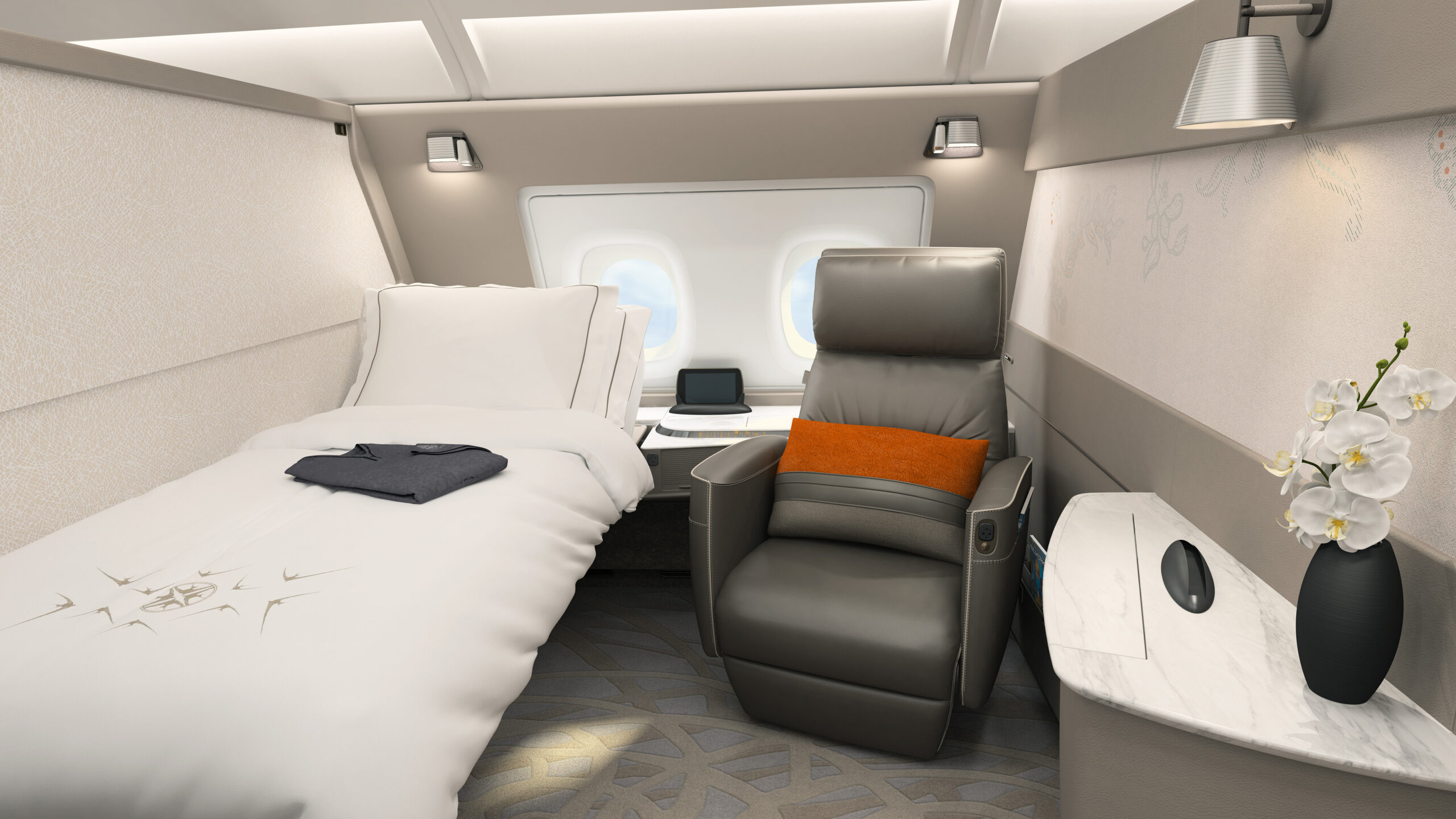 A380-SIA-FC-Luxurious airplane cabin with bed