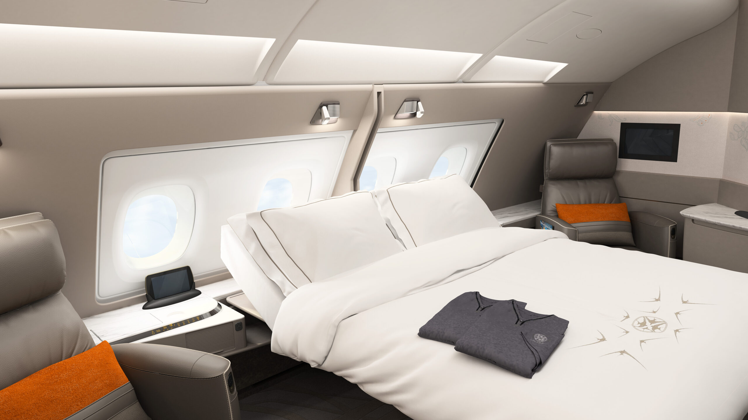 A380-SIA-FC-Luxurious airplane interior with double bed