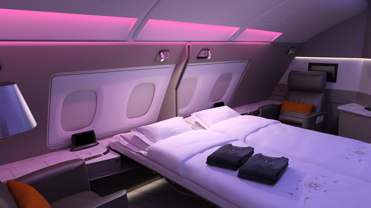 A380-SIA-FC-Luxurious airplane cabin with double bed