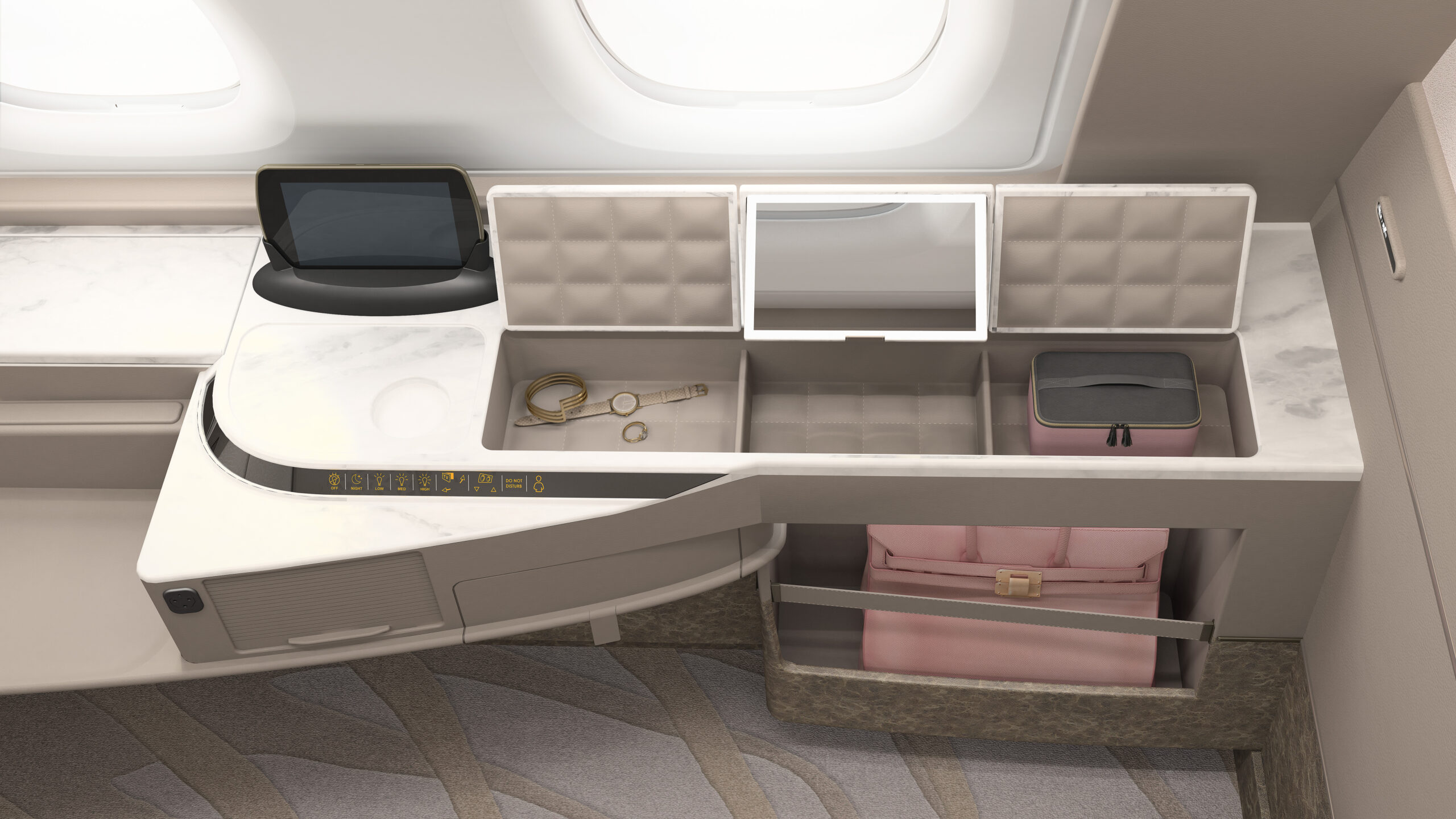 A380-SIA-FC-Elegant airplane cabin storage compartment